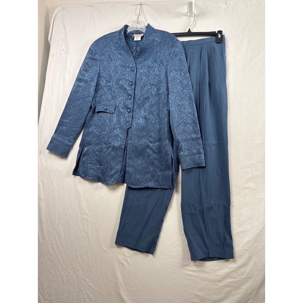 Coldwater Creek Pant Suit Women S Blue Jacquard Jacket Pleated Trousers Set